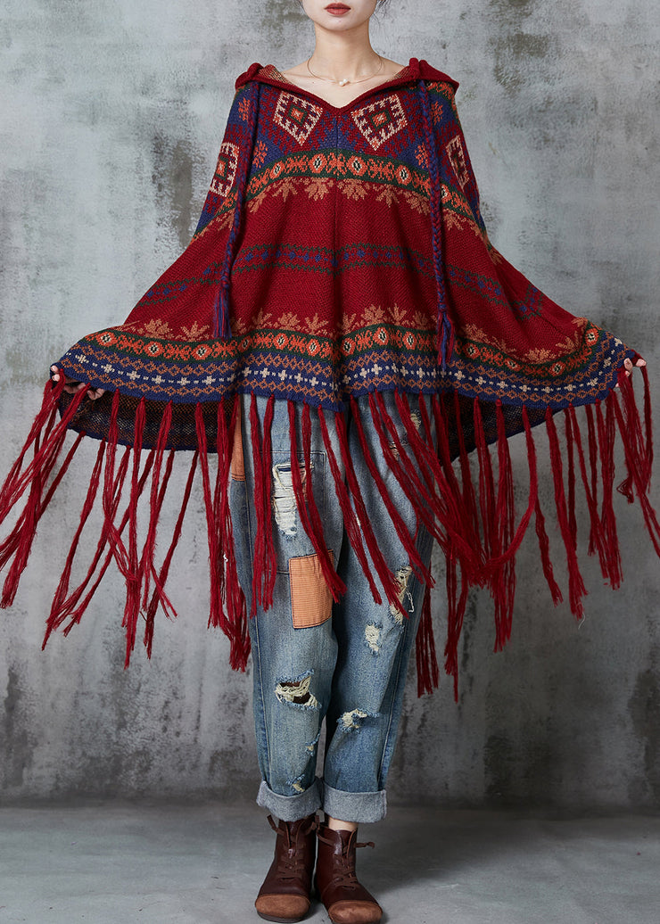 Bohemian Mulberry Tasseled Print Knit Hooded Coat Spring