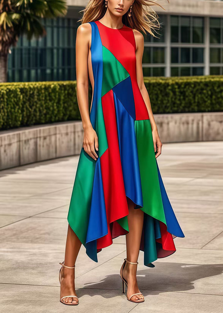 Bohemian Multicolor Asymmetrical Patchwork Silk Maxi Dresses Summer