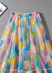 Bohemian Multicolor Floral Print Tulle Beach Skirt Summer