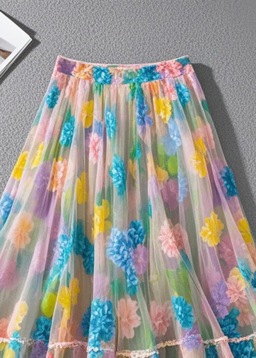 Bohemian Multicolor Floral Print Tulle Beach Skirt Summer