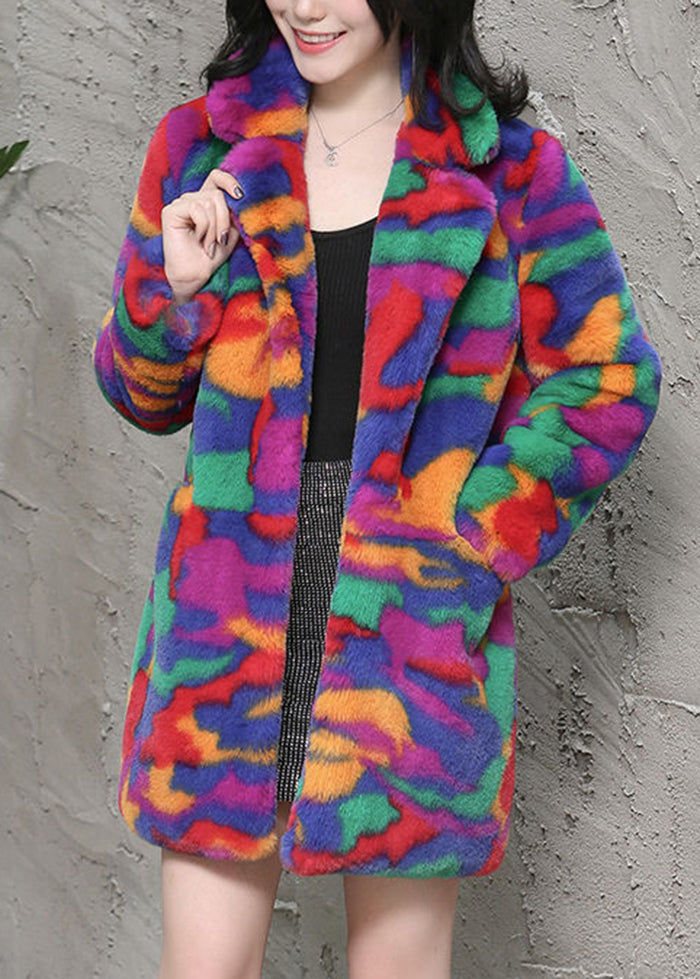 Bohemian Multicolor Oversized Tie Dye Faux Fur Jackets Winter