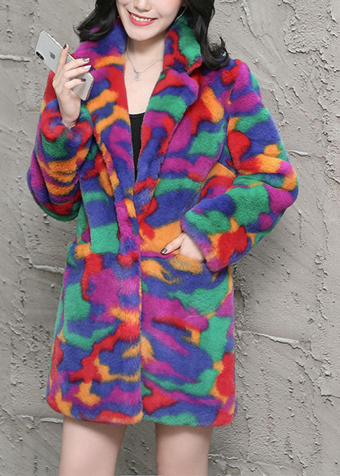 Bohemian Multicolor Oversized Tie Dye Faux Fur Jackets Winter