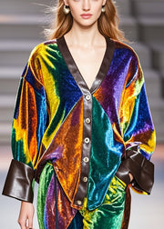 Bohemian Multicolour V Neck Patchwork Silk Velvet Coat Spring