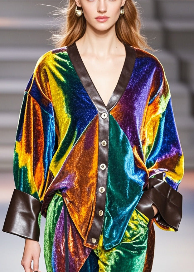 Bohemian Multicolour V Neck Patchwork Silk Velvet Coat Spring