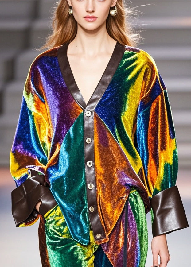 Bohemian Multicolour V Neck Patchwork Silk Velvet Coat Fall