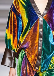 Bohemian Multicolour V Neck Patchwork Silk Velvet Coat Spring