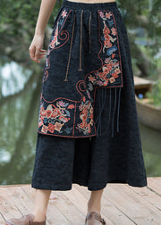 Bohemian Navy Embroidered Patchwork Cotton Crop Pants Summer