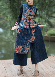 Bohemian Navy Embroidered Patchwork Cotton Crop Pants Summer