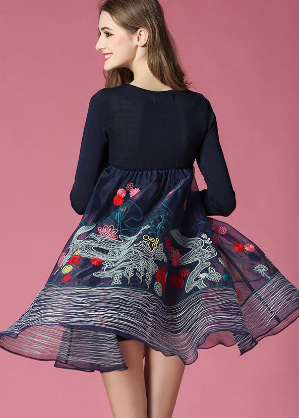 Bohemian Navy Embroideried Patchwork Organza Holiday Dress Spring