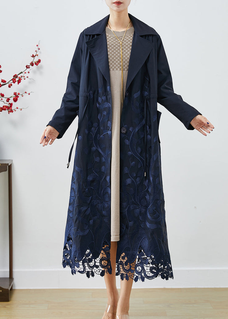 Bohemian Navy Embroidered Tie Waist Spandex Trench Coats Fall