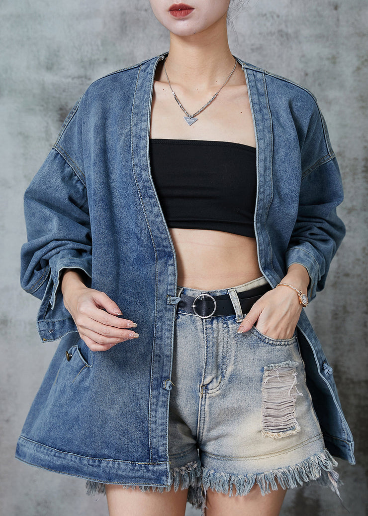 Bohemian Navy Oversized Chinese Button Denim Coats Spring