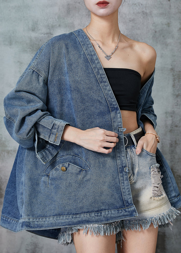 Bohemian Navy Oversized Chinese Button Denim Coats Spring