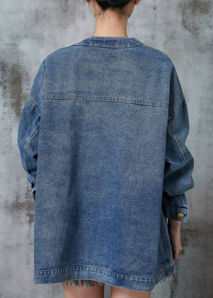 Bohemian Navy Oversized Chinese Button Denim Coats Spring