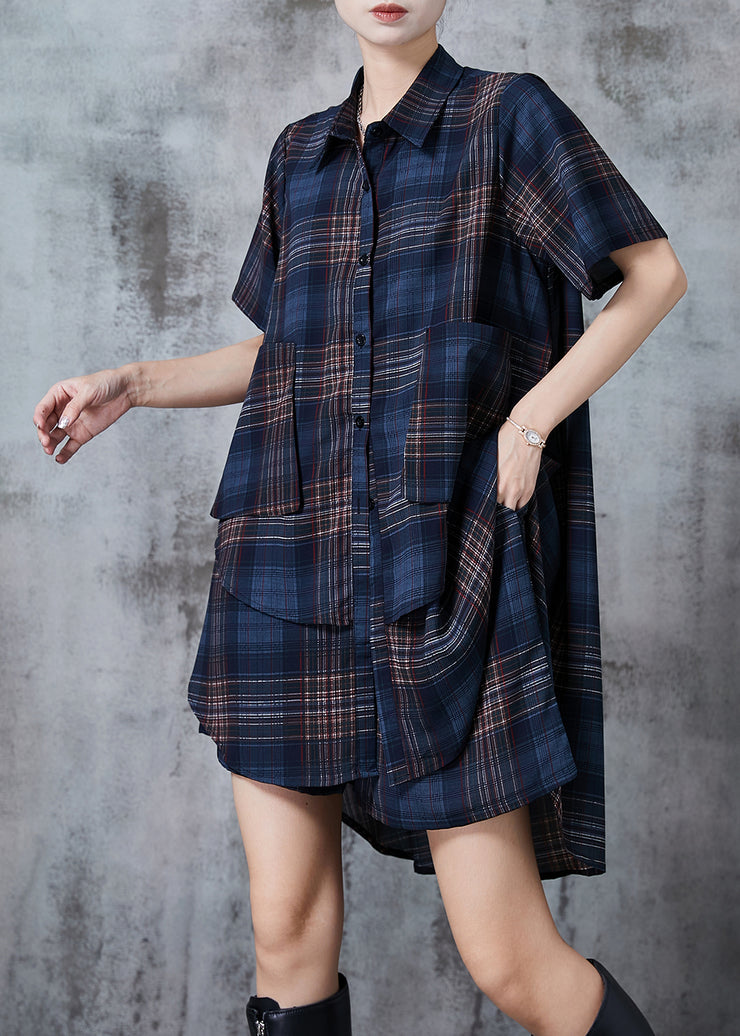 Bohemian Navy Oversized Plaid Chiffon Two Pieces Set Summer