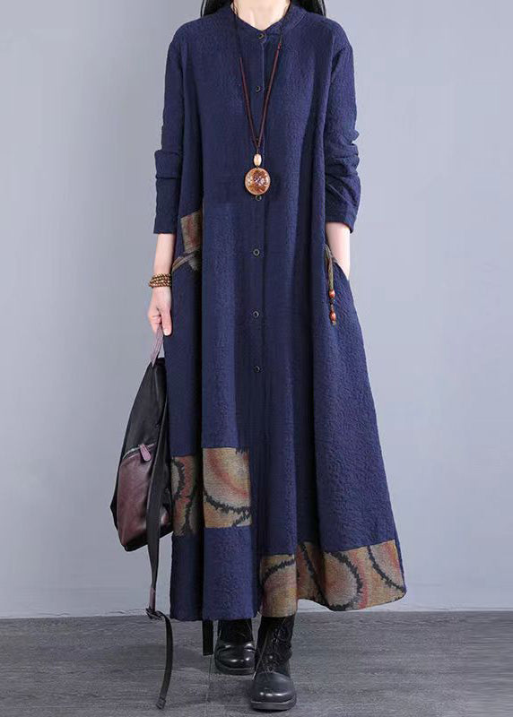 Bohemian Navy Stand Collar Patchwork Cotton Long Dress Fall