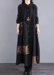 Bohemian Navy Stand Collar Patchwork Cotton Long Dress Fall