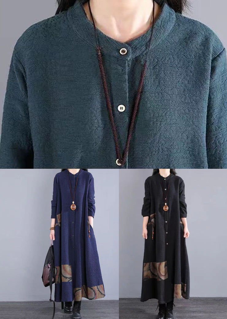 Bohemian Navy Stand Collar Patchwork Cotton Long Dress Fall