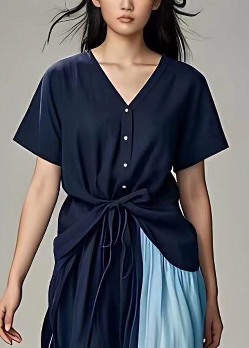 Bohemian Navy V Neck Lace Up Cotton Dresses Summer