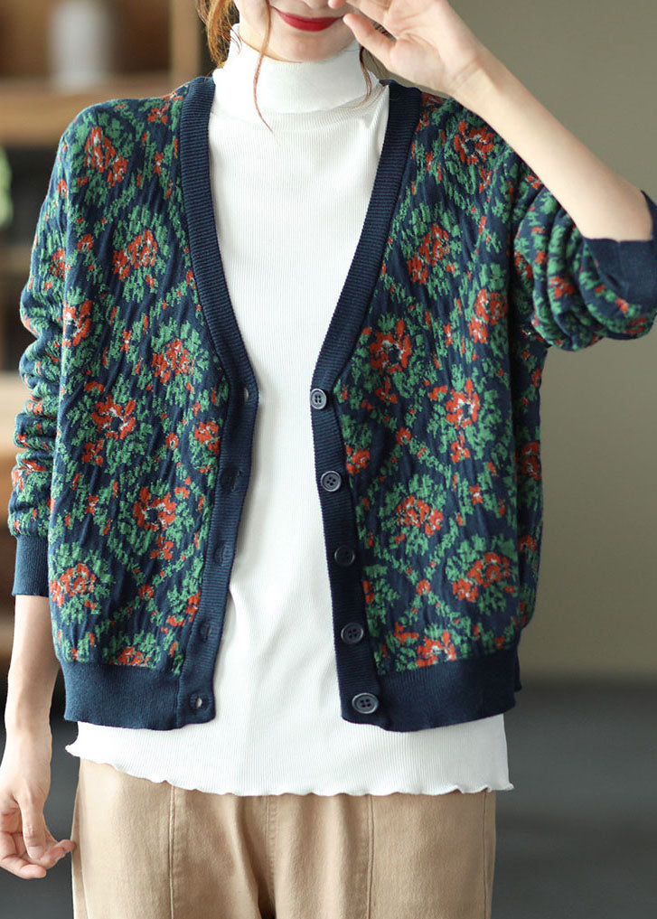 Bohemian Navy V Neck Print Knit Cardigan Winter