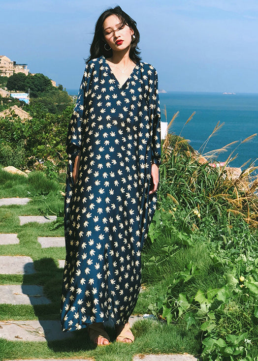 Bohemian Navy V Neck Print Patchwork Silk Robe Dresses Fall