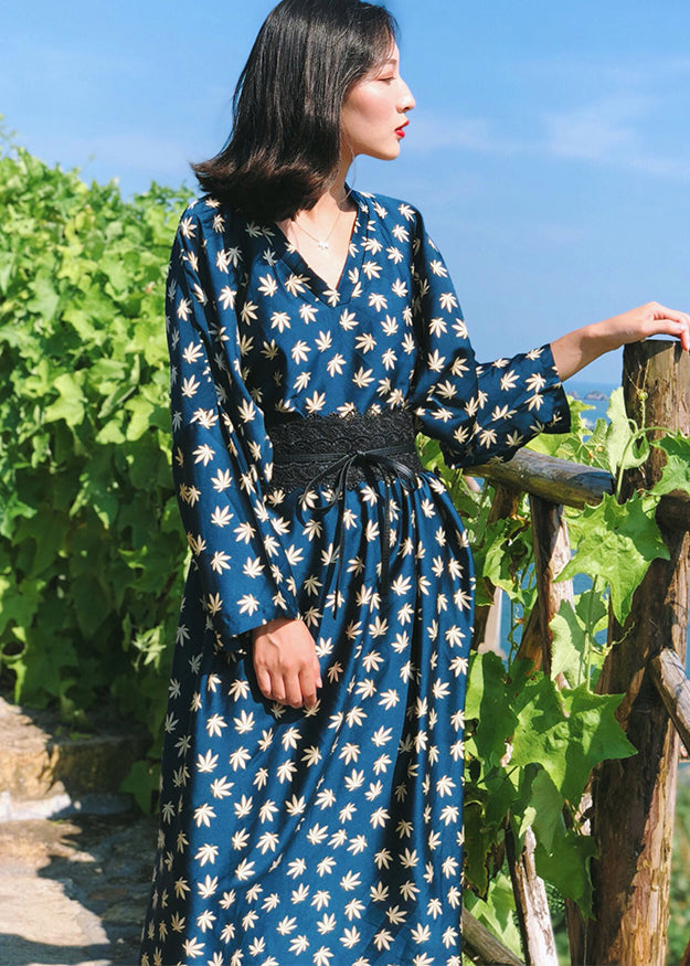 Bohemian Navy V Neck Print Patchwork Silk Robe Dresses Fall