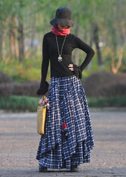 Bohemian Navy Wrinkled Asymmetrical Plaid Cotton Skirts Spring