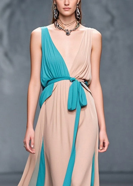 Bohemian Nude Asymmetrical Patchwork Chiffon Maxi Dress Summer