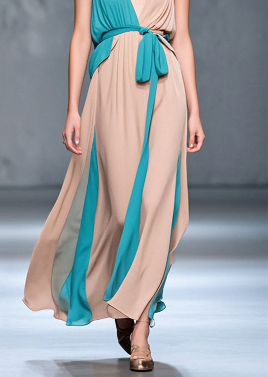 Bohemian Nude Asymmetrical Patchwork Chiffon Maxi Dress Summer