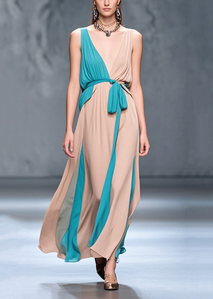 Bohemian Nude Asymmetrical Patchwork Chiffon Maxi Dress Summer