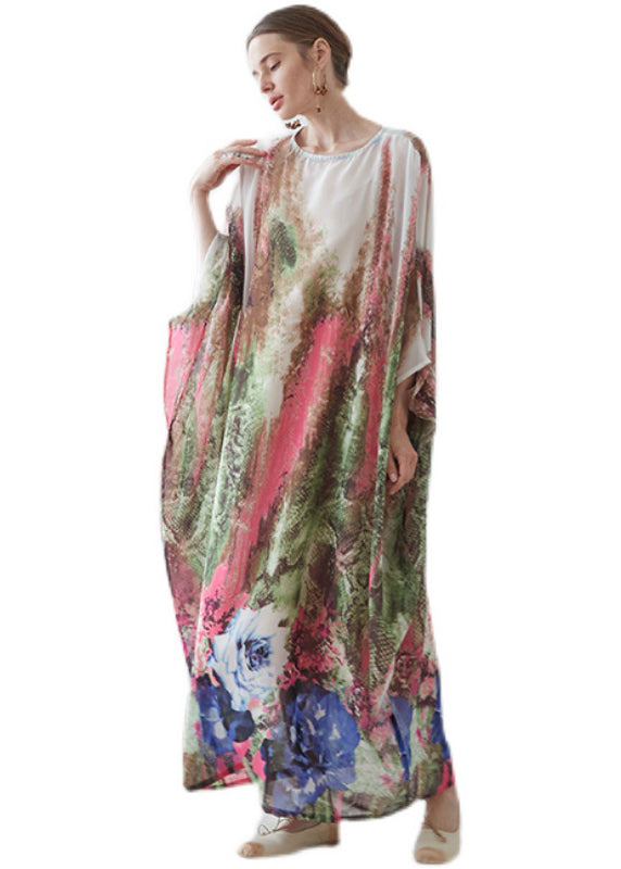 Bohemian O Neck Print Chiffon Vacation Long Dresses Batwing Sleeve