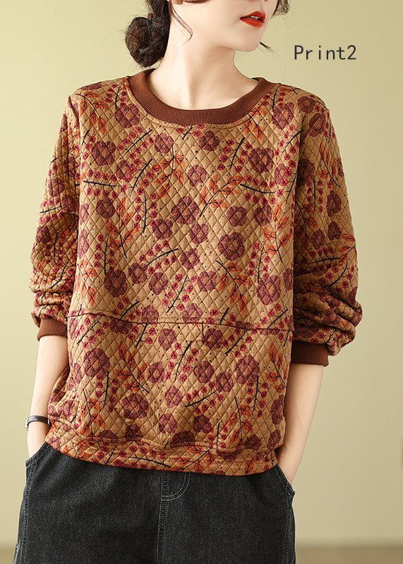 Bohemian O Neck Print Fine Cotton Filled Pullover Top Winter