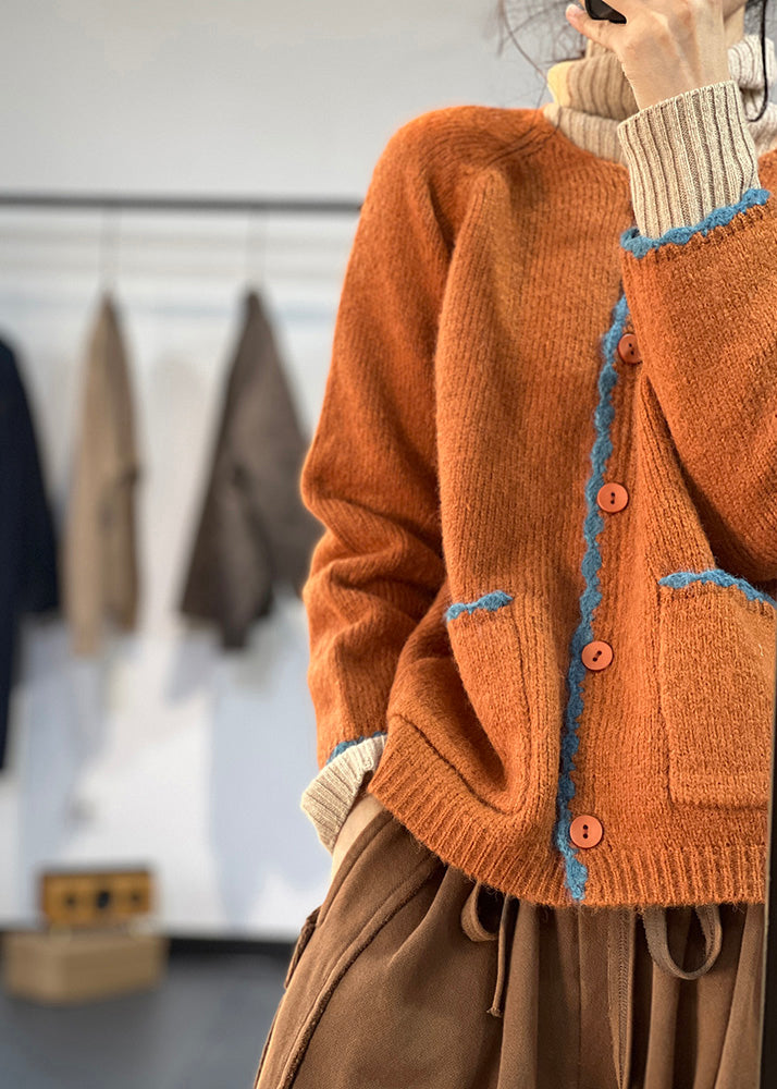 Bohemian Orange Button Pockets Woolen Coats Fall