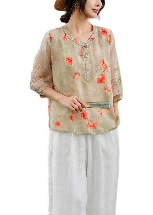 Bohemian Orange Embroidered Print Linen Shirt Top Summer