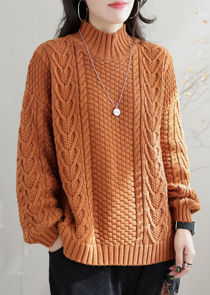 Bohemian Orange High Neck Chunky Oversized Cable Knit Sweater Winter