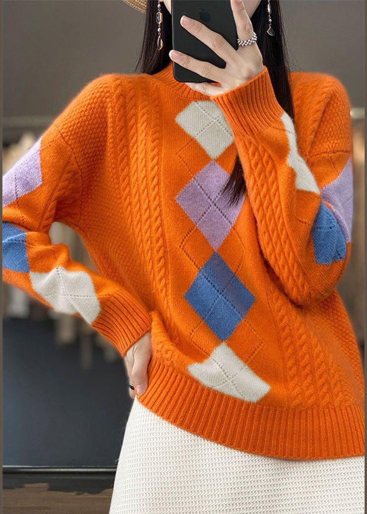 Bohemian Orange High Neck Print Chunky Knit Sweater Tops Winter