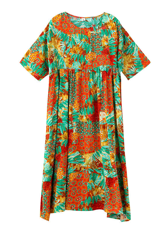 Bohemian Orange O-Neck Print Cozy Maxi Dresses Summer