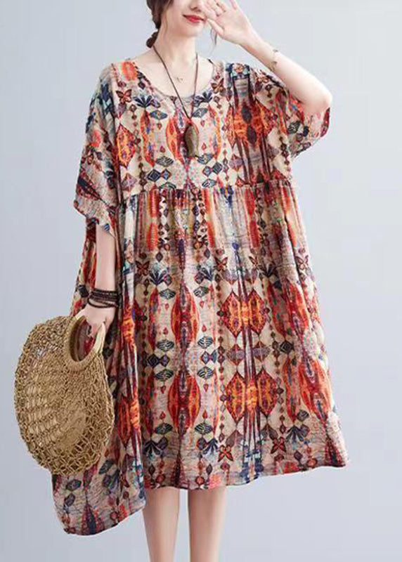 Bohemian Orange O-Neck Print Holiday Maxi Dress Summer