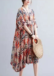 Bohemian Orange O-Neck Print Holiday Maxi Dress Summer