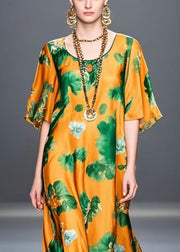 Bohemian Orange Print Draping Silk Beach Dress Summer