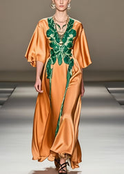 Bohemian Orange Print Silk Long Dress Half Sleeve