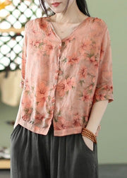 Bohemian Grey Flowers Print Slim Fit Linen Shirt Top Half Sleeve