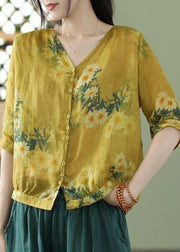 Bohemian color Print Slim Fit Linen Shirt Top Half Sleeve