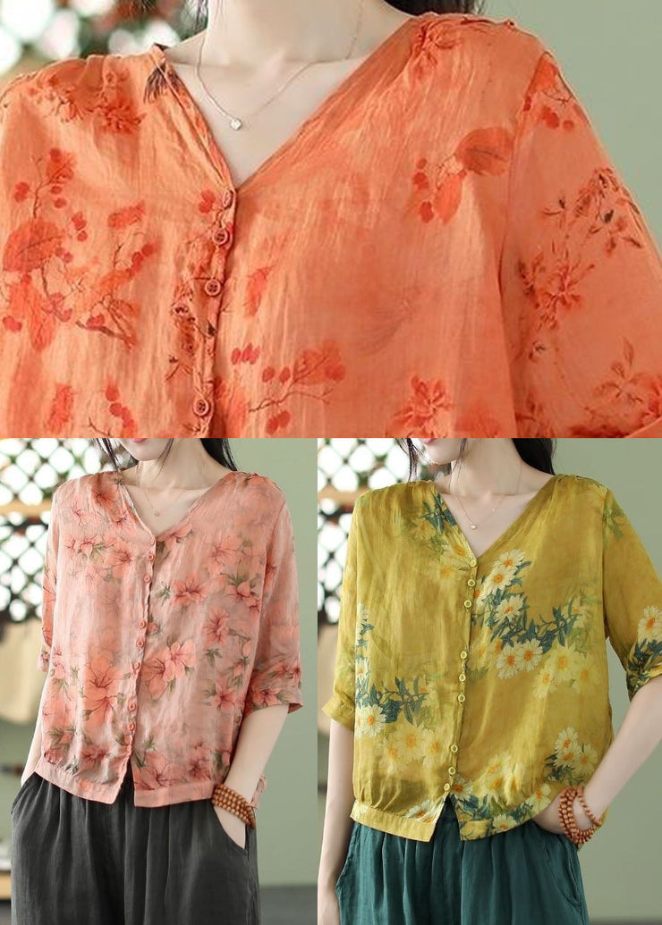 Bohemian Orange Print Slim Fit Linen Shirt Top Half Sleeve