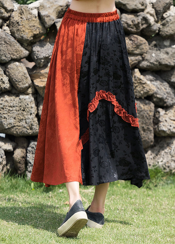 Bohemian Orange Ruffled Jacquard Patchwork Silk Skirts Summer