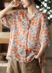 Bohemian Orange Ruffled Print Patchwork Linen Blouses Summer