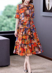 Bohemian Orange Ruffled Print Patchwork Silk Dress Summer