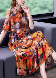 Bohemian Orange Ruffled Print Patchwork Silk Dress Summer