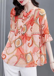 Bohemian Orange Stand Collar Print Patchwork Chiffon Blouses Flare Sleeve