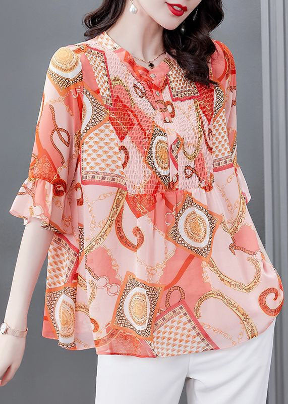 Bohemian Orange Stand Collar Print Patchwork Chiffon Blouses Flare Sleeve