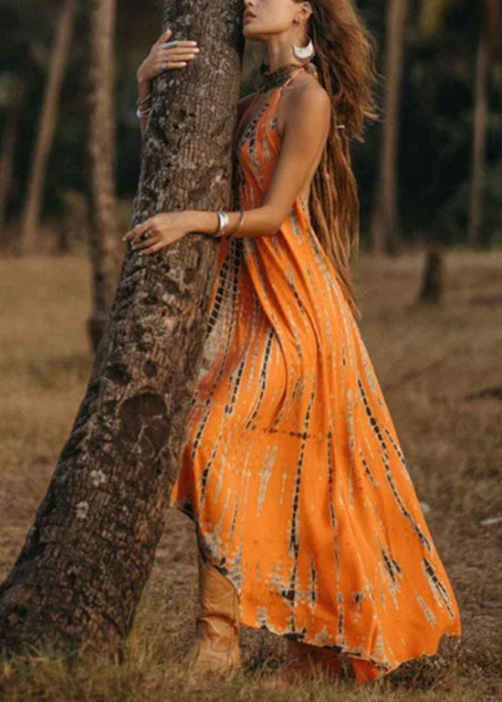 Bohemian Orange V Neck Print Chiffon Spaghetti Strap Dress Summer